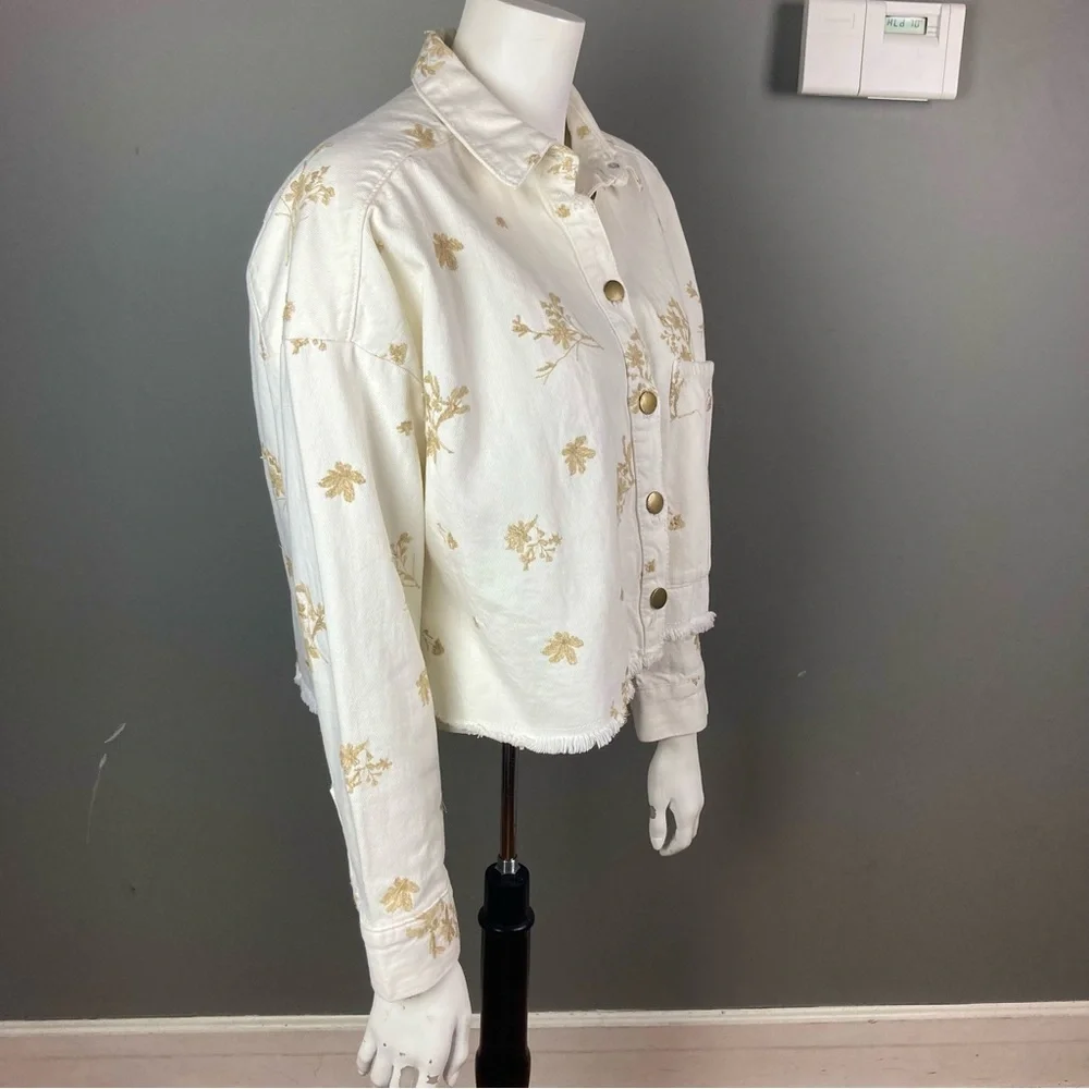NEW Zara denim‎ jacket jean shirt white metallic floral embroidery extra small